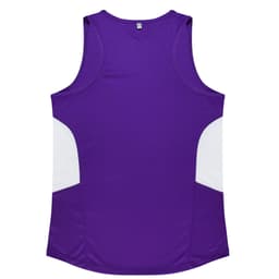 A purple singlet with white side panels and a logo, designed for women's wear.