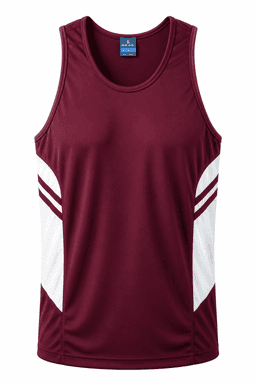 A maroon singlet featuring white side panels and a logo on the upper back.