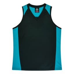 A black and teal sleeveless singlet featuring a V-neck design and detailing on the sides. It has a logo.
