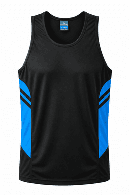 A black singlet with blue side panels and stripes, featuring a logo on the upper section.