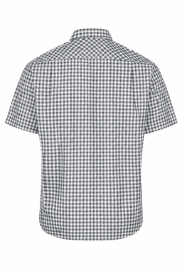 A short-sleeve button-up shirt featuring a black and white checkered pattern, with a collar and a logo.