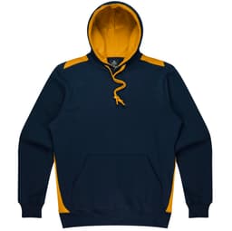 A navy hoodie featuring yellow accents on the shoulders and a front pocket. Includes a drawstring hood.