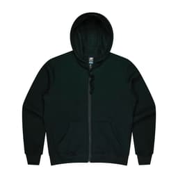 A dark green zip-up men's hoodie featuring a hood and front pockets. Includes a logo on the inner tag.