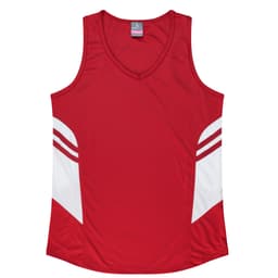 A red singlet featuring white side panels and stripes, with a branded logo on the upper part.