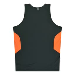 A dark green singlet with orange side panels. The garment has a minimalist design and includes a logo.