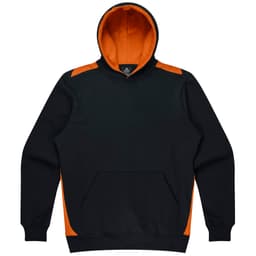 A black hoodie with orange accents, featuring a front pocket and a hood. It has a logo on the inside.