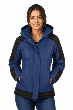 A navy and black women's jacket with a hood, featuring a logo and side pockets.