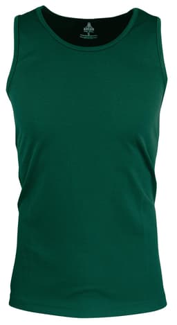 A green men's singlet with a classic fit, made from a soft, ribbed material. It features a logo on the inside label.