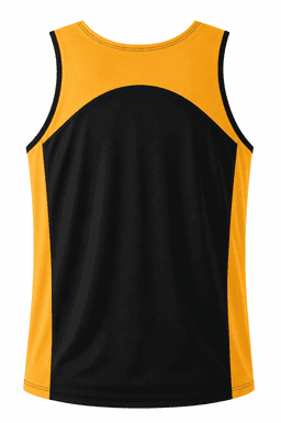 A men's singlet featuring a vibrant yellow front with a black back and contrasting black details. It has a logo.