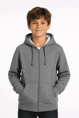 A grey zippered hoodie for kids with a hood and front pockets, featuring a brand logo.