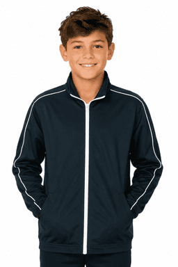 A navy blue kids' jacket with white piping, featuring a zip front and side pockets.