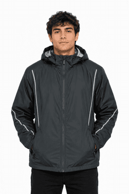 A black men's jacket featuring a hood and reflective stripes, designed for outdoor use. It has a logo on the chest.