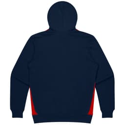 A navy hoodie featuring red side panels and a hood, with a logo on the back.