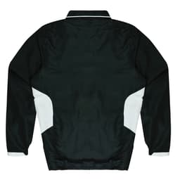 A dark green jumper with white accents, featuring a collar and elastic cuffs, displayed from the back.