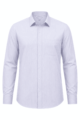A long sleeve button-up shirt in light purple and white stripes with a chest pocket and a logo.