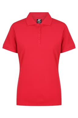 A red polo shirt with a collar and button placket, featuring a logo on the label.