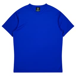 A blue t-shirt with short sleeves and a round neck, featuring a tag inside with a logo.