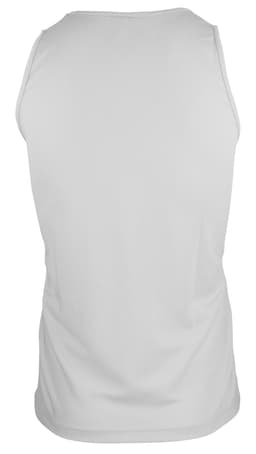A white men’s singlet featuring a plain design and a logo on the back.
