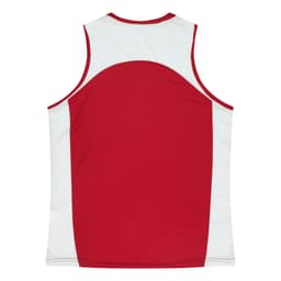 A red and white singlet featuring a back design and a branded logo. Suitable for casual or athletic wear.