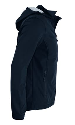 A navy soft shell jacket featuring a hood and zippered pockets, with a logo displayed.