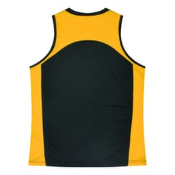 A yellow and dark green singlet with contrasting panels and a logo on the back.