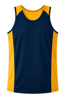 A navy and yellow singlet featuring a logo, designed for men's wear.