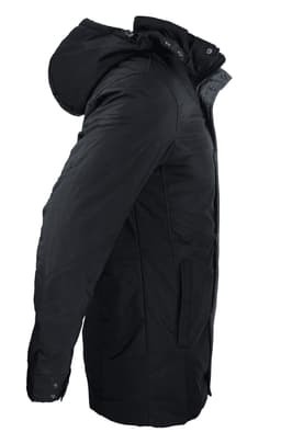 A black jacket with a hood, featuring a side view and detailing on the sleeves. It has a logo.