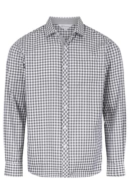 A long-sleeved button-up shirt in a black and white check pattern, featuring a branded logo.