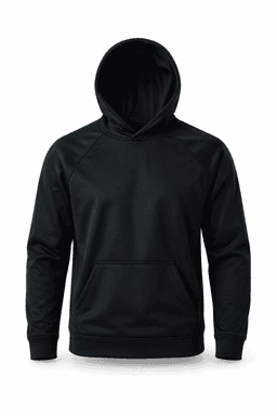A black hooded jumper featuring a front pocket and a smooth finish. It has a logo on the design.