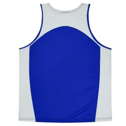 A blue and grey singlet with a sporty design, featuring a logo on the back.