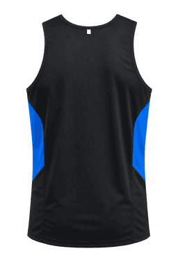 A black singlet with blue side panels and a logo. The design is simple and modern.