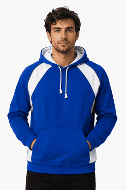 A blue hoodie with white accents and a front pocket, featuring a drawstring hood and a logo.