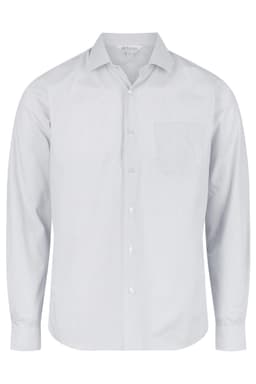 A light grey long-sleeve button-up shirt featuring a pocket on the chest and a logo on the collar.