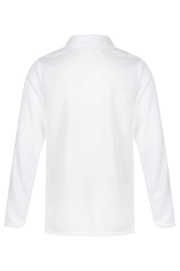 A white long-sleeve polo shirt with a classic collar and a plain back design. It features a logo.