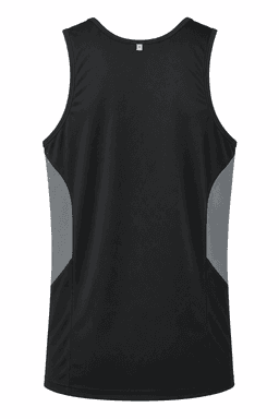 A men's singlet in black with grey side panels and a logo on the back.