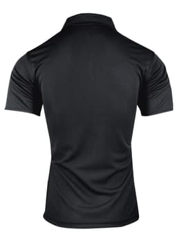 A black polo shirt with a standard collar and short sleeves, featuring a logo on the back.