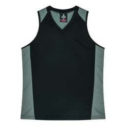 A black singlet with grey accent panels, featuring a V-neck design and a logo.