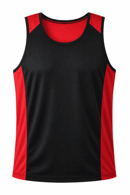 A black singlet with red accents, featuring a logo on the front. Designed for men.