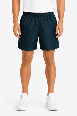 Navy blue men's sports shorts with an elastic waistband, featuring a logo, paired with white sports shoes.