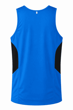 A blue men's singlet with black side panels and a logo on the back.