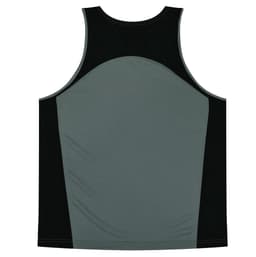 A grey and black singlet featuring a back design and a logo on the fabric.