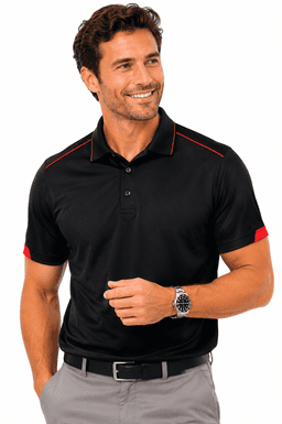 A black polo shirt with red accents, featuring short sleeves and a collar, modelled by a smiling man.