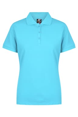 A turquoise polo shirt with a collar and three-button placket, featuring a logo on the upper left side.