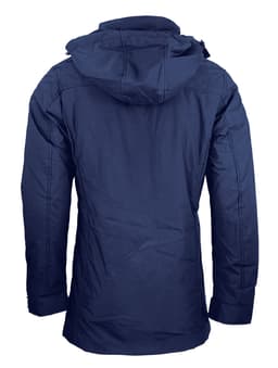 A navy blue men's jacket with a hood, featuring a logo. The design is simple and modern.