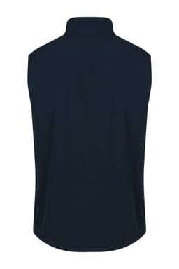 A dark navy work vest with a high collar and no sleeves, featuring branding on the back.
