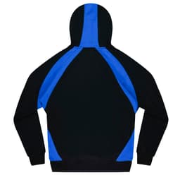 A black and blue hoodie with a large hood and contrasting colour panels on the back. Features a logo.