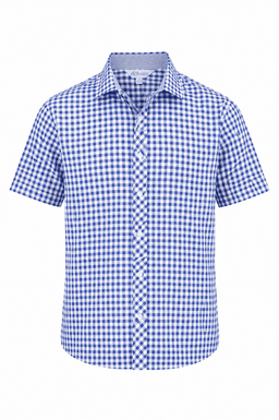 A short-sleeve button-up shirt in a blue and white checkered pattern with a collar and branded logo.