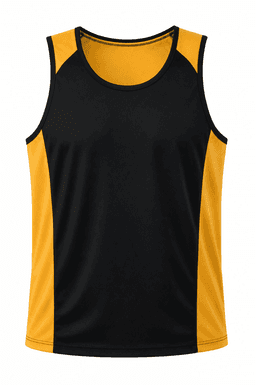A black and yellow men's singlet featuring a sporty design and a logo on the front.