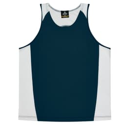 A dark navy blue and white singlet with a logo, featuring a classic sleeveless design.