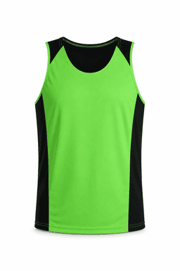 A bright green singlet with black side panels, featuring a simple design and a branding logo.